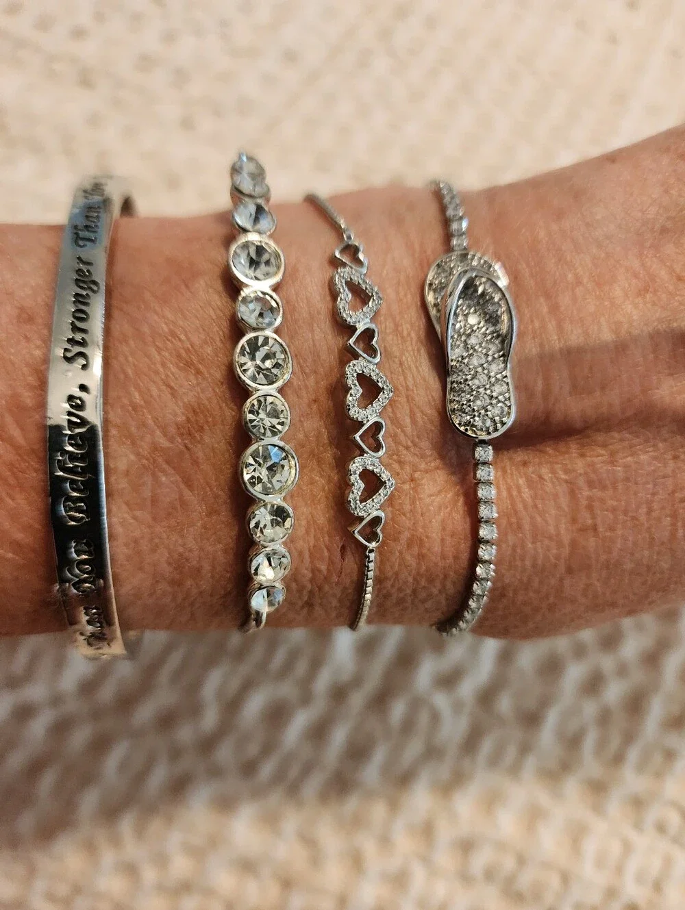 Lot Of 4 Silver-Tone Bracelets 3 Bolo Style 1 Inspirational Cuff Flipflop Bling